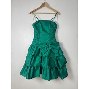Vintage 80s ILGWU Women S Green Party Dress Ruched Tiered Ruffle Bow Emerald